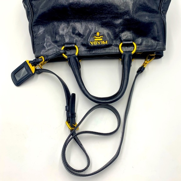 Prada Navy Blue Vitello Shine Medium 2way Shopping Tote Bag Preloved Purse - Picture 10 of 16